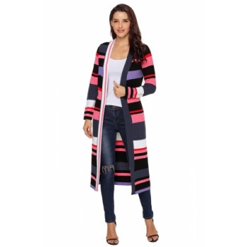 Multicolor Striped Colorblock Open Front Long Cardigan Colorful